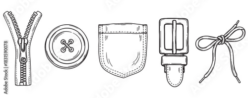 Collection of hand drawn clothing accessories and fasteners including a zipper, button, pocket, belt buckle, and shoelace in a black and white sketch illustration style