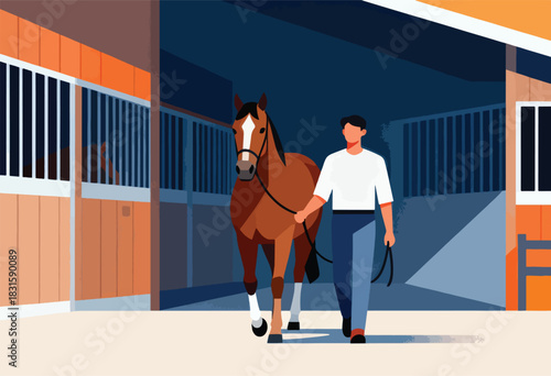 An illustration depicting a person leading a brown horse out of a stable or barn