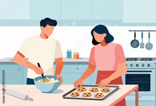 A man and woman bake cookies together in a kitchen. One whisks batter, the other places cookies on a tray