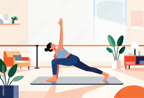 A person does yoga in a bright, minimalist room, stretching one arm upwards. Plants and furniture complete the scene