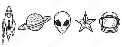 Collection of five space-themed doodle illustrations showing a rocket ship, a planet with rings, an alien face, a star symbol, and an astronaut helmet in a simple sketch style