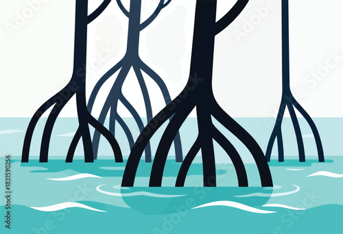 Simple illustration of mangrove trees with large aerial roots reaching into aqua water. White sky background