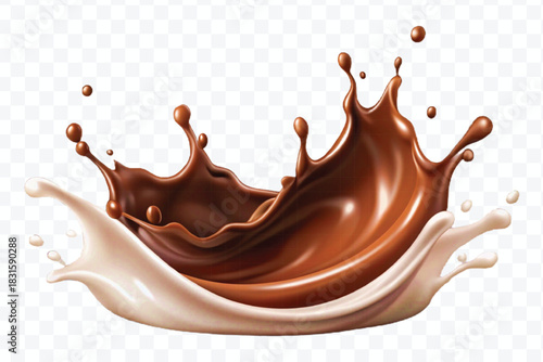 abstract 3d liquid chocolate with cream milk splash in different style isolated on transparent background	