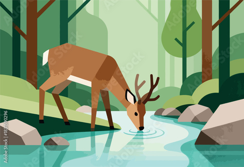 Geometric illustration of a deer drinking from a river in a stylized forest. Soft color palette