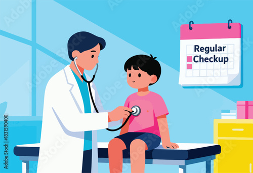 A cartoon doctor uses a stethoscope to examine a child, with "Regular Checkup" on a calendar in the background