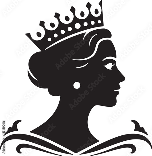 Silhouette of a queen wearing a crown and pearl earring