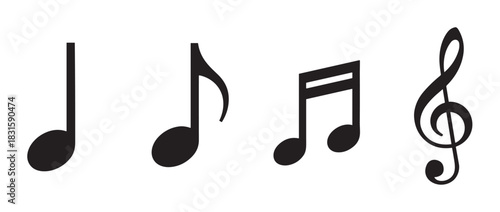 Four black musical notation symbols including a treble clef, quarter note, eighth note, and sixteenth notes are arranged in a simple, clean, and minimalist graphic illustration
