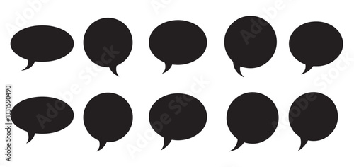 Collection of black speech bubble silhouettes in various oval and round shapes, representing communication and dialogue concepts in a simple and clean graphic design element set