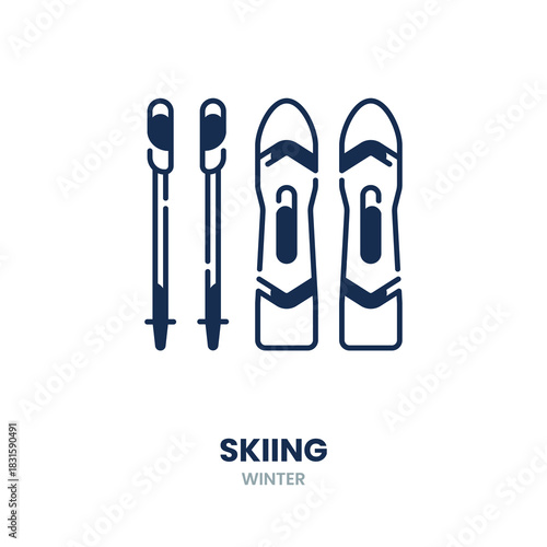 Skiing icon. winter, sport, snow, skiing, equipment, cold, mountain, outdoor, adventure, alpine. Vector Icon Illustration