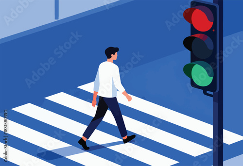A person walks across a crosswalk with a green light as a traffic light shines above