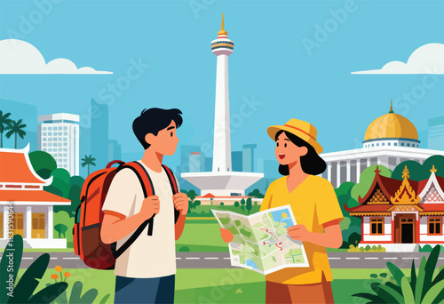 Illustration of two tourists in front of an iconic monument, consulting a map, with cultural buildings around