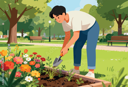 A person gardens in a park, tending to colorful flowers with a trowel, surrounded by trees, benches, and grass