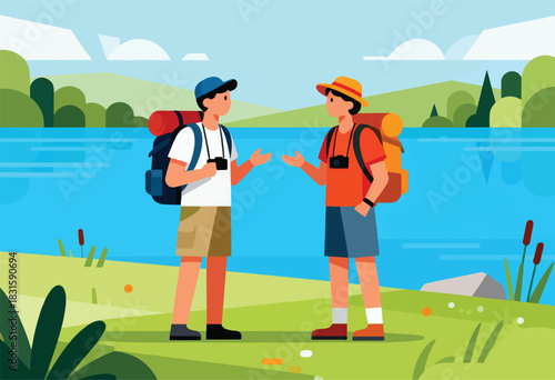 Two hikers with backpacks converse by a lake, surrounded by nature and hills under a blue sky