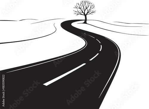 Winding asphalt road leading to a lone tree in a winter landscape