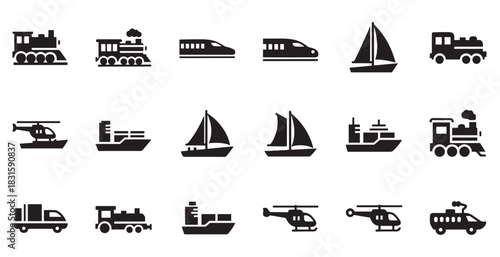 Black silhouette transportation icon set with various vehicles like trains, sailboats, cargo ships, and helicopters, presented in a clean, modern, and simple graphic style