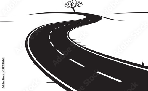 Winding asphalt road leading towards a bare tree on a hill