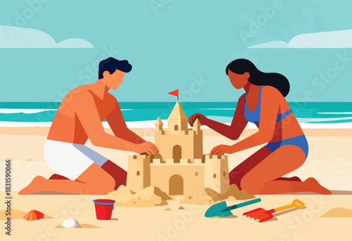 Illustration depicts a couple building a sandcastle on a beach with tools under a blue sky