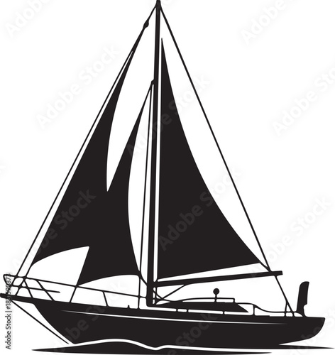 Silhouette of a modern sailboat with dark sails on the water