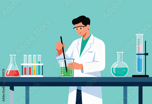 A scientist in a lab coat stirs a beaker with a stirring rod. Colorful beakers and flasks on the lab table