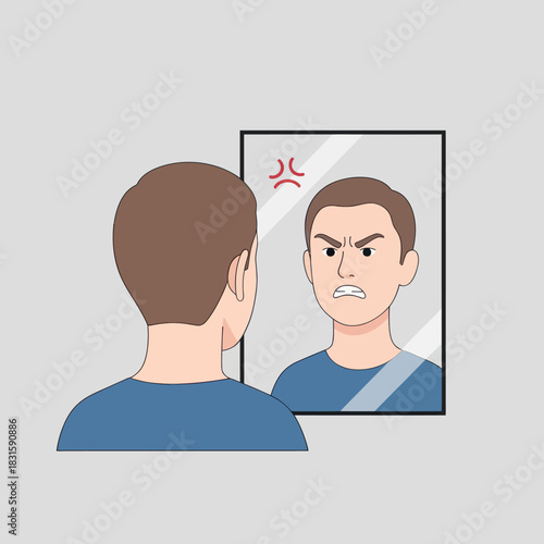 Man looking in mirror angry reflection showing frustration and negative emotions.