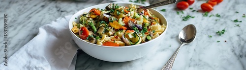 Hearty vegetable pasta salad is presented in a white bowl resting on a marble surface with scattered garnishes