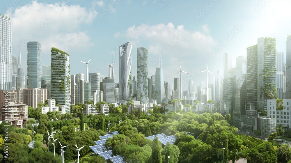 Obraz premium A synergistic ecosystem of green technologies forming a powerful cluster, the ultimate engine for Net Zero innovation.