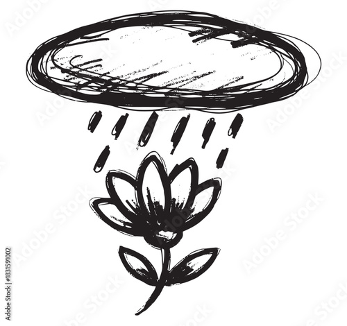 Hand-drawn black and white flower illustration with a scribbled rain cloud above, showing raindrops watering the plant in a simple, sketchy doodle style with brushstrokes