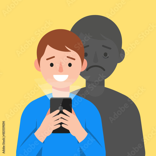 Young man engrossed in his smartphone with a sad shadow figure behind him.