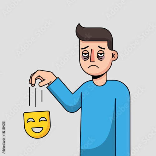Man Depressed with Mask Symbolizing False Happiness and Pretension.
