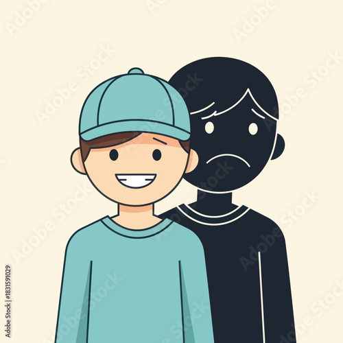Boy with happy face hiding sad shadow representing inner turmoil.