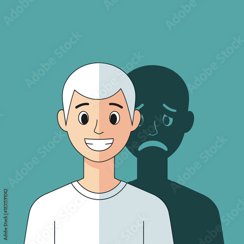 Duality of emotions a happy man and his sad inner self.