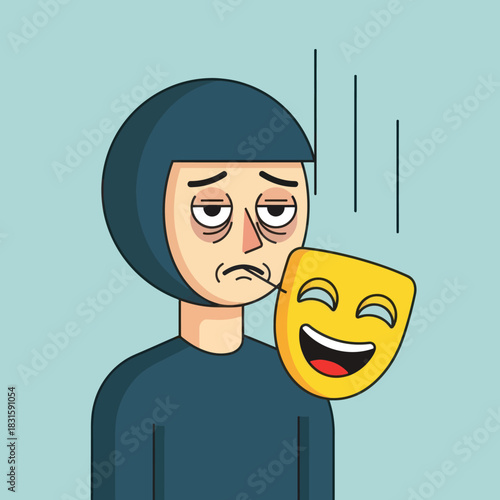Person with a sad face holding a happy mask, hiding emotions.