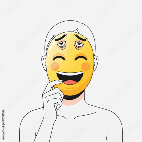 Person wearing a smiling emoji mask with tired eyes, hiding true feelings.