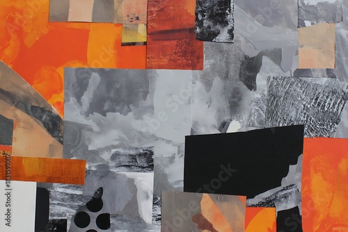 Abstract composition featuring irregular shapes and contrasting color blocks in orange, gray, and black tones