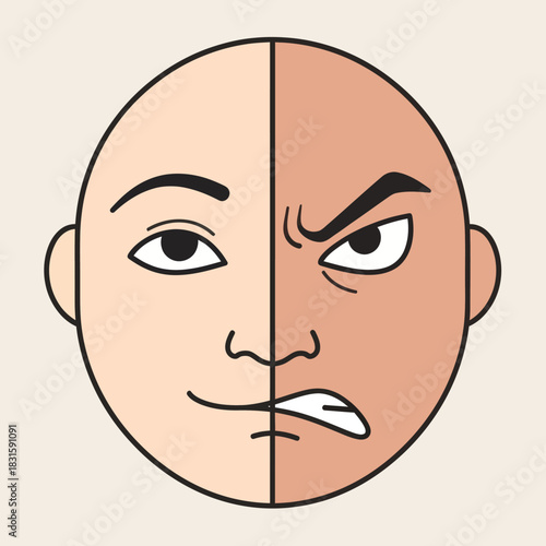 Split Face Showing Dual Emotions - Calm and Angry Expression.