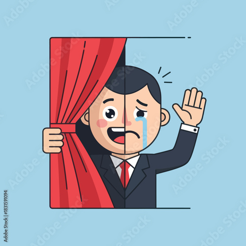 Man hiding emotions behind a curtain showing two faces one happy one sad.