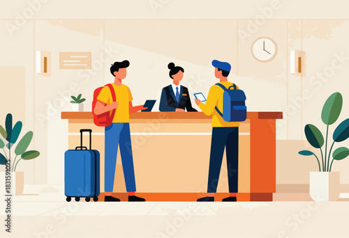 Illustration depicts hotel check-in two travelers at reception, attended by a staff member. A blue suitcase is present