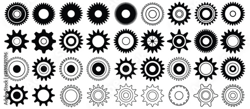 Gear icon vector set, black cogwheel collection, mechanical gear shapes, engineering symbols, industrial machinery components, sprocket designs, abstract gearwheel graphics, isolated vector 