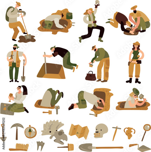 Cartoon illustration of paleontologists and dig site elements vector
