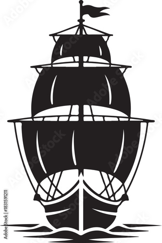 Black and white silhouette of a majestic tall ship sailing on the water