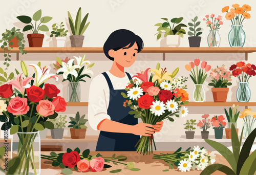 An illustration of a person arranging flowers at a florist's shop, surrounded by various bouquets
