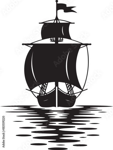Silhouette of a historical sailing ship with reflection on water