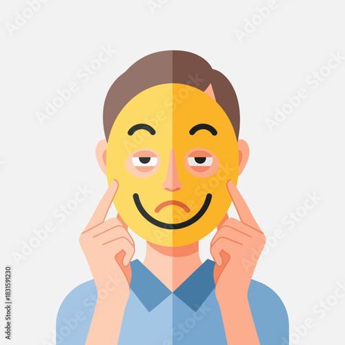 Person holding a split happy and sad face mask.