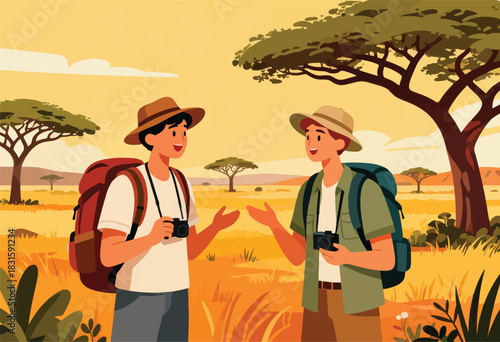 Two people in safari attire with cameras converse amidst savanna grasses, trees, and golden-hued sky