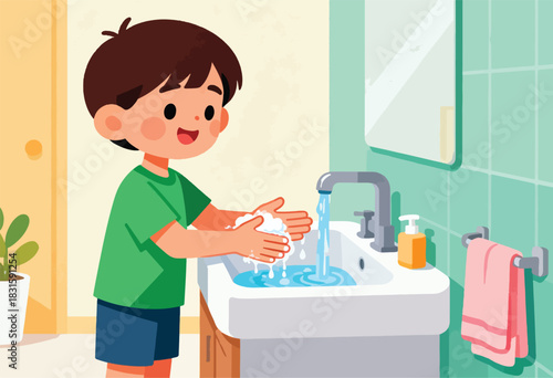 A cartoon child is washing their hands in a bathroom sink, with soap and a towel nearby