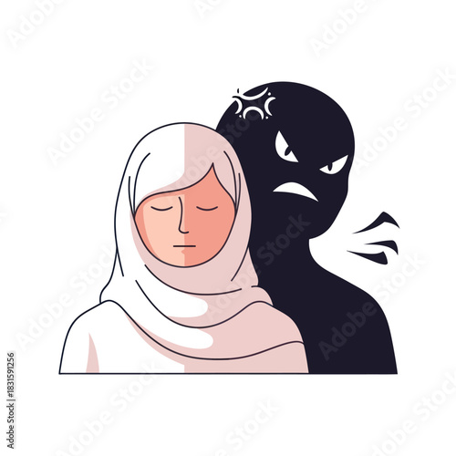 Woman in Hijab with Inner Anger Shadow Illustration.