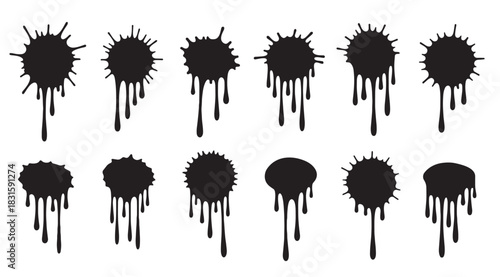 Collection of black ink paint splatters with dripping liquid drops, a set of graphic silhouette shapes showing various messy blob and splash forms for creative design