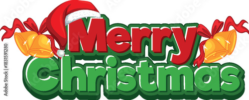 Cartoon merry christmas text with bells hat ribbons vector