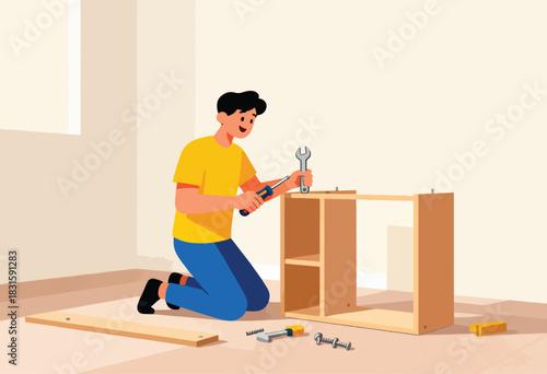 Illustration depicts a person assembling a wooden cabinet with tools, kneeling on the floor