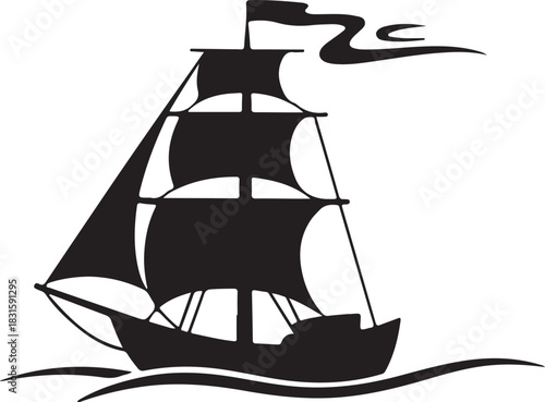 Silhouette of a majestic tall ship sailing on wavy water